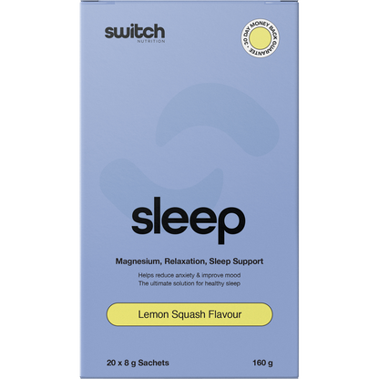 Switch Nutrition Sleep+ Magnesium Lemon Squash 8g sachet in a white, yellow, and blue packet on a white background.