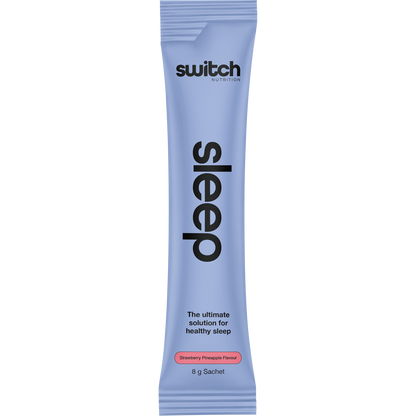 Side view of a Switch Nutrition Sleep Magnesium box showing strawberry pineapple flavor and key benefits.
