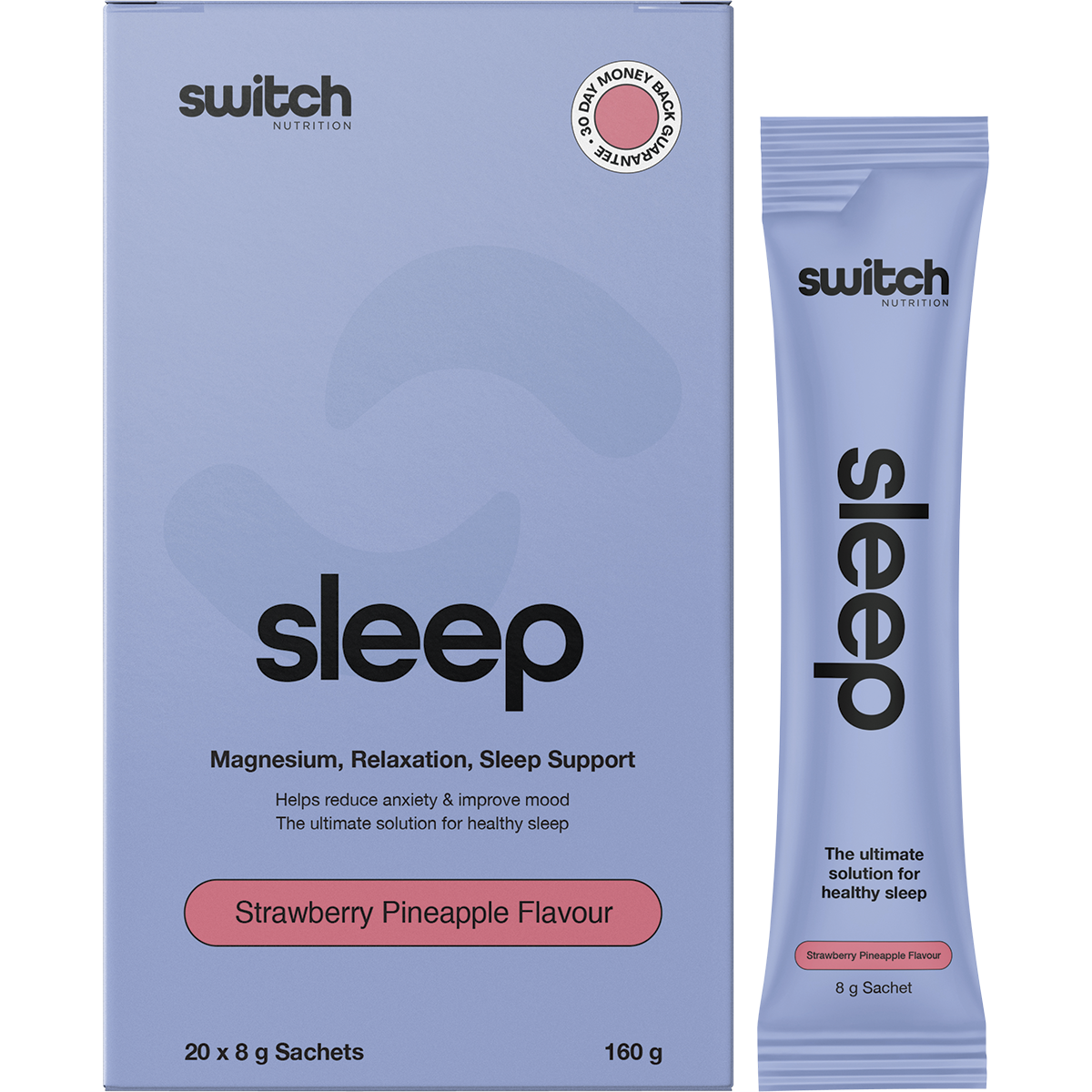 Switch Nutrition Sleep Magnesium 20-pack box and strawberry pineapple sachet on a white background.