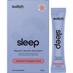 Switch Nutrition Sleep Magnesium 20-pack box and strawberry pineapple sachet on a white background.