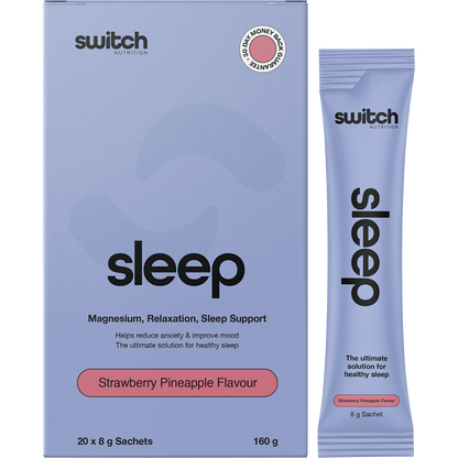 Switch Nutrition Sleep Magnesium 20-pack box and strawberry pineapple sachet on a white background.