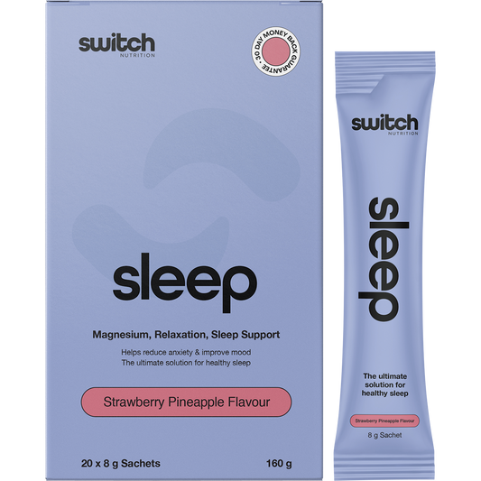 Switch Nutrition Sleep Magnesium 20-pack box and strawberry pineapple sachet on a white background.