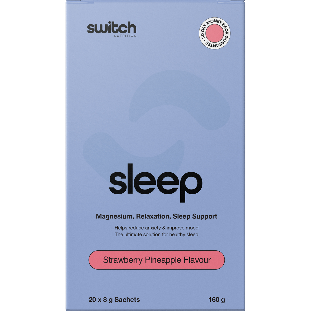 Strawberry Pineapple Switch Nutrition Sleep Magnesium 8g sachet on a white background.
