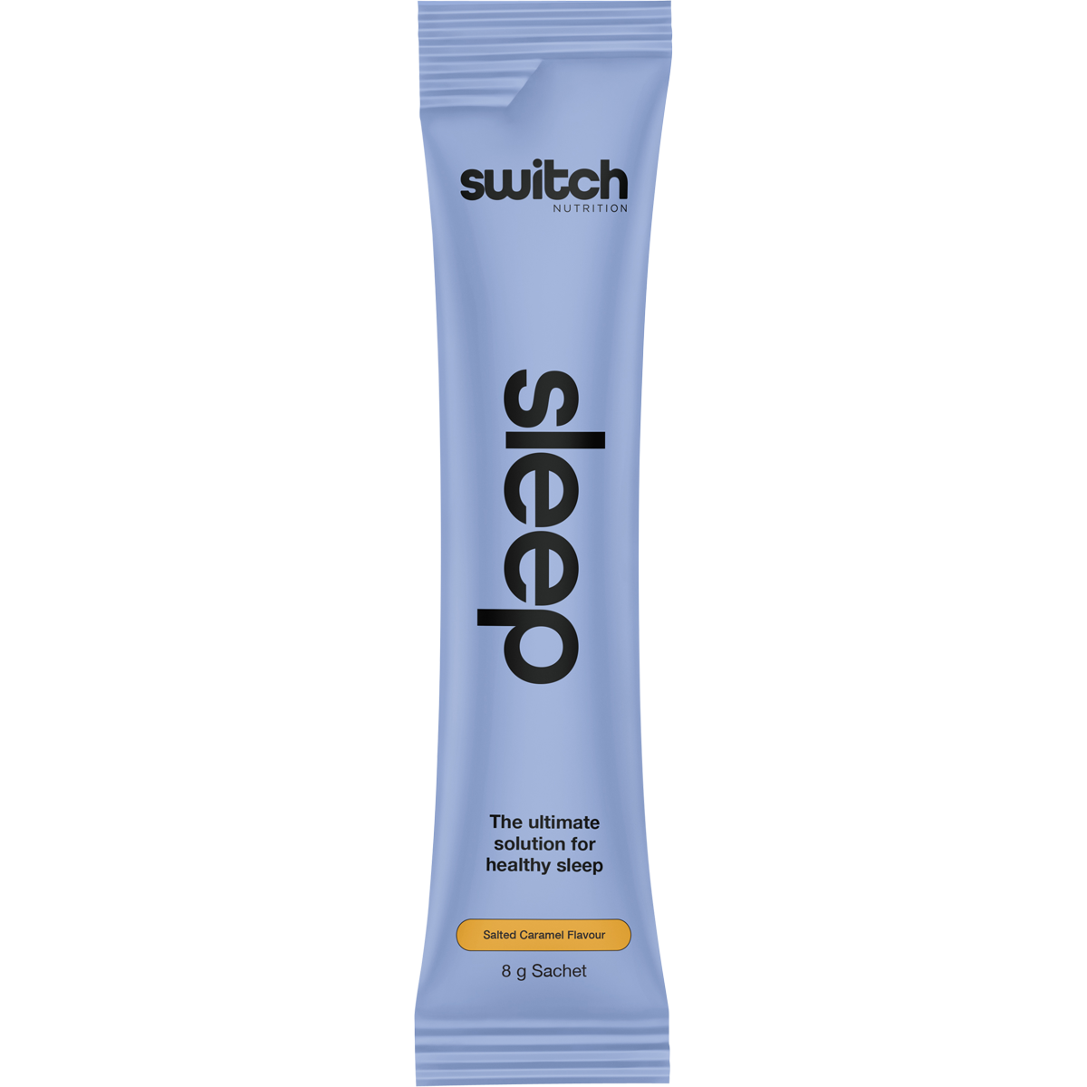 Front of a 20-pack box for Switch Nutrition Sleep Magnesium Salted Caramel sachets on a white background.