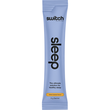 Front of a 20-pack box for Switch Nutrition Sleep Magnesium Salted Caramel sachets on a white background.