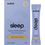 Box of 20 Switch Nutrition Sleep Magnesium Salted Caramel sachets with a single 8g packet shown in front.