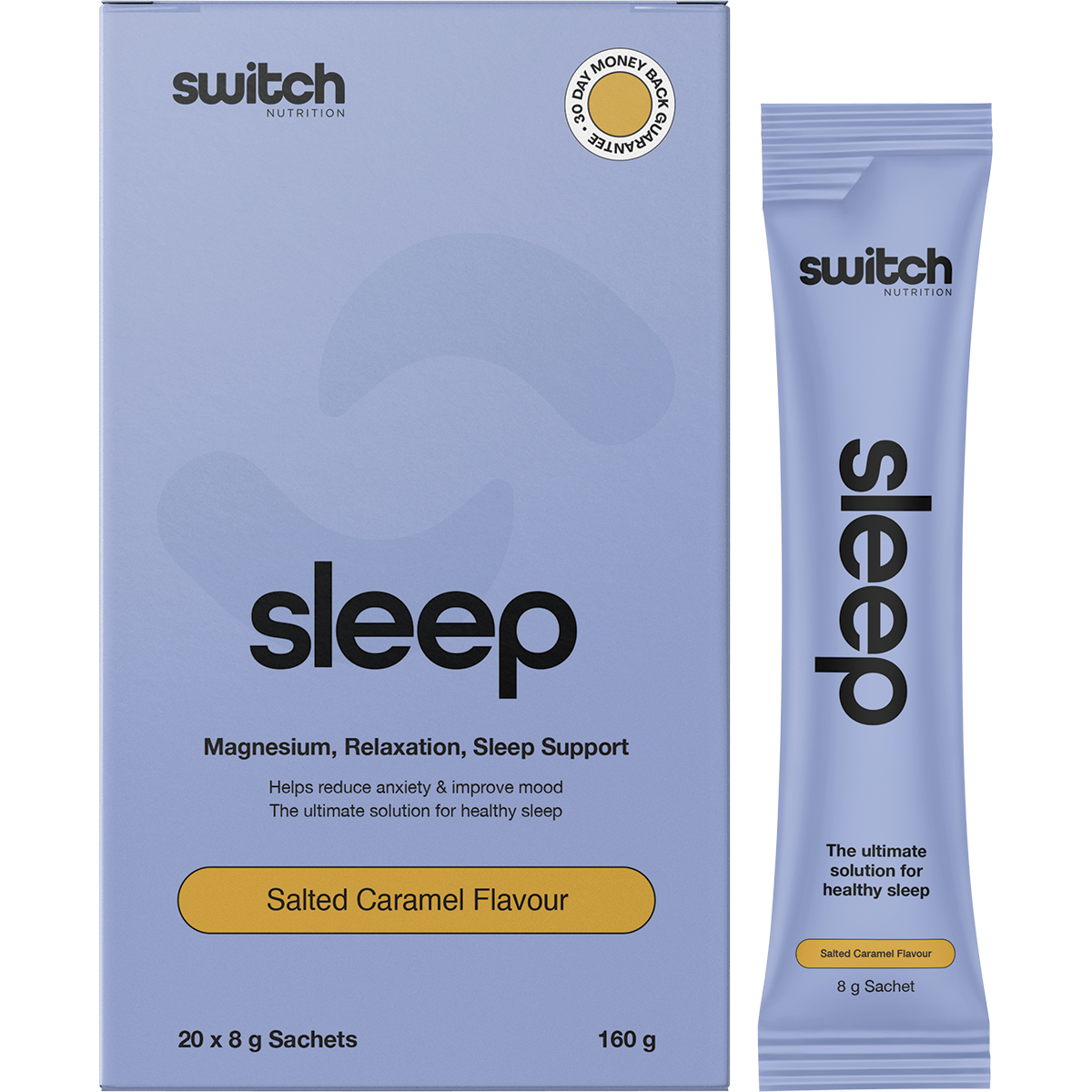 Box of 20 Switch Nutrition Sleep Magnesium Salted Caramel sachets with a single 8g packet shown in front.