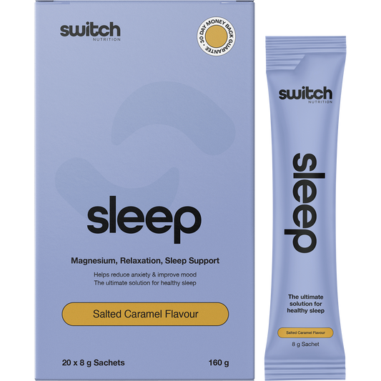 Box of 20 Switch Nutrition Sleep Magnesium Salted Caramel sachets with a single 8g packet shown in front.