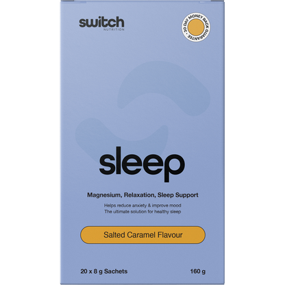 Single 8g sachet of Switch Nutrition Sleep Salted Caramel magnesium supplement on a white background.
