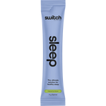 Side view of a Switch Nutrition Sleep+ Tropical Fruit sachet box showing product benefits and a vegan-friendly logo.