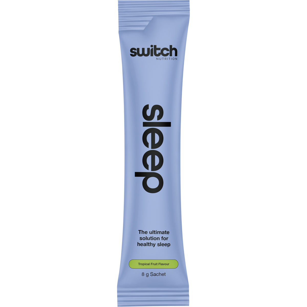 Side view of a Switch Nutrition Sleep+ Tropical Fruit sachet box showing product benefits and a vegan-friendly logo.