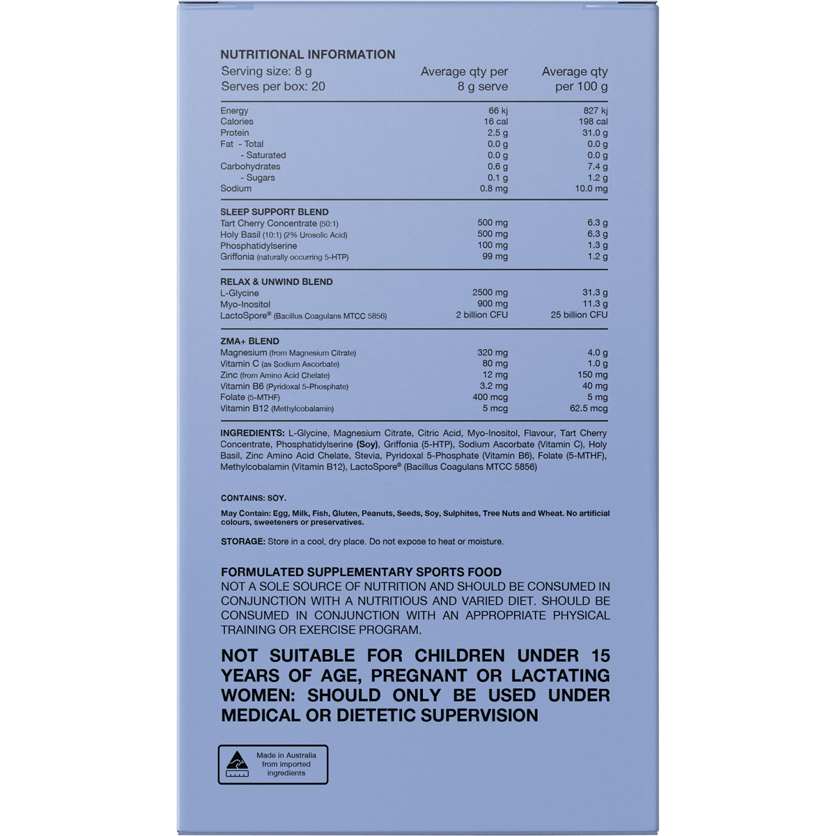 Back of Switch Nutrition Sleep+ Tropical Fruit box with nutrition facts, ingredients list, and directions for use.