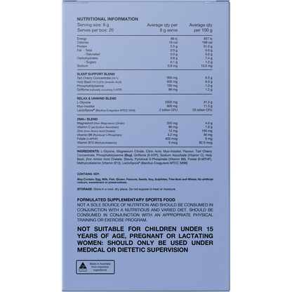 Back of Switch Nutrition Sleep+ Tropical Fruit box with nutrition facts, ingredients list, and directions for use.