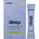 Switch Nutrition Sleep+ Magnesium Tropical Fruit box and sachets for relaxation and sleep support.