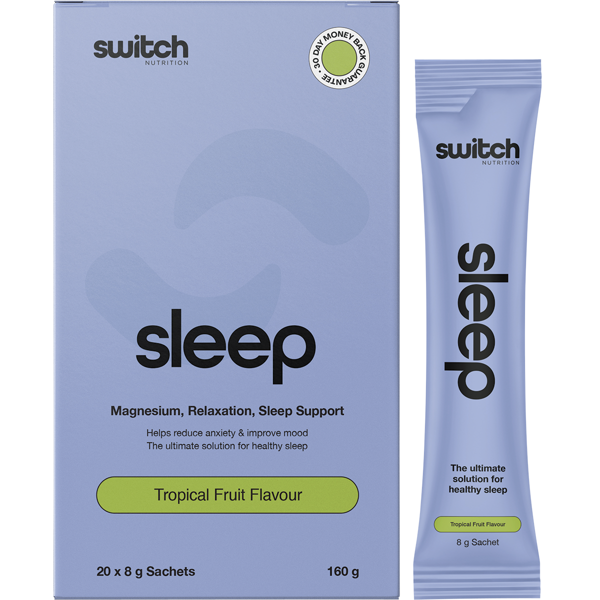 Switch Nutrition Sleep+ Magnesium Tropical Fruit box and sachets for relaxation and sleep support.