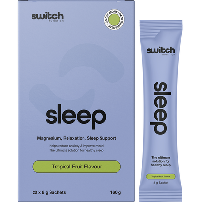 Switch Nutrition Sleep+ Magnesium Tropical Fruit box and sachets for relaxation and sleep support.