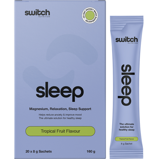 Switch Nutrition Sleep+ Magnesium Tropical Fruit box and sachets for relaxation and sleep support.