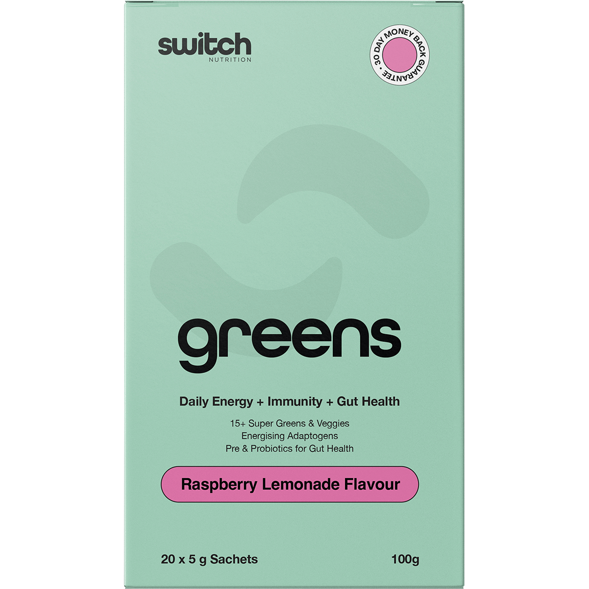 Raspberry Lemonade Switch Nutrition Greens box featuring a pink and white design with 20 sachets.