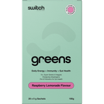 Raspberry Lemonade Switch Nutrition Greens box featuring a pink and white design with 20 sachets.