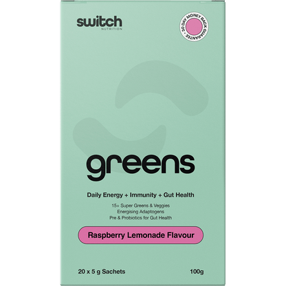 Raspberry Lemonade Switch Nutrition Greens box featuring a pink and white design with 20 sachets.