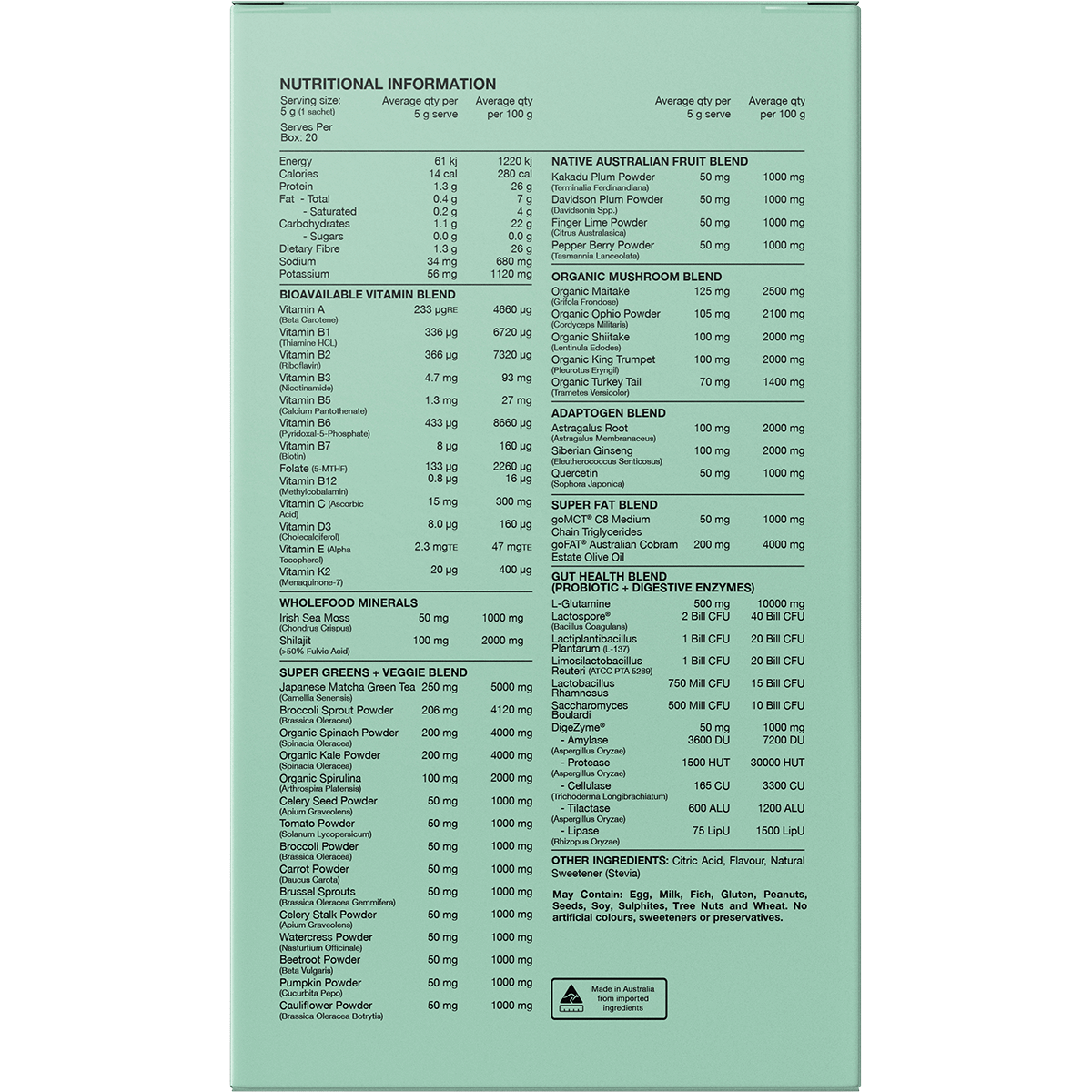 Back of Switch Nutrition Greens Raspberry Lemonade box with nutrition facts, ingredients, and directions for use.