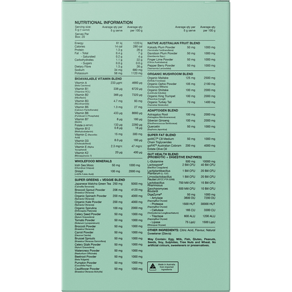 Back of Switch Nutrition Greens Raspberry Lemonade box with nutrition facts, ingredients, and directions for use.
