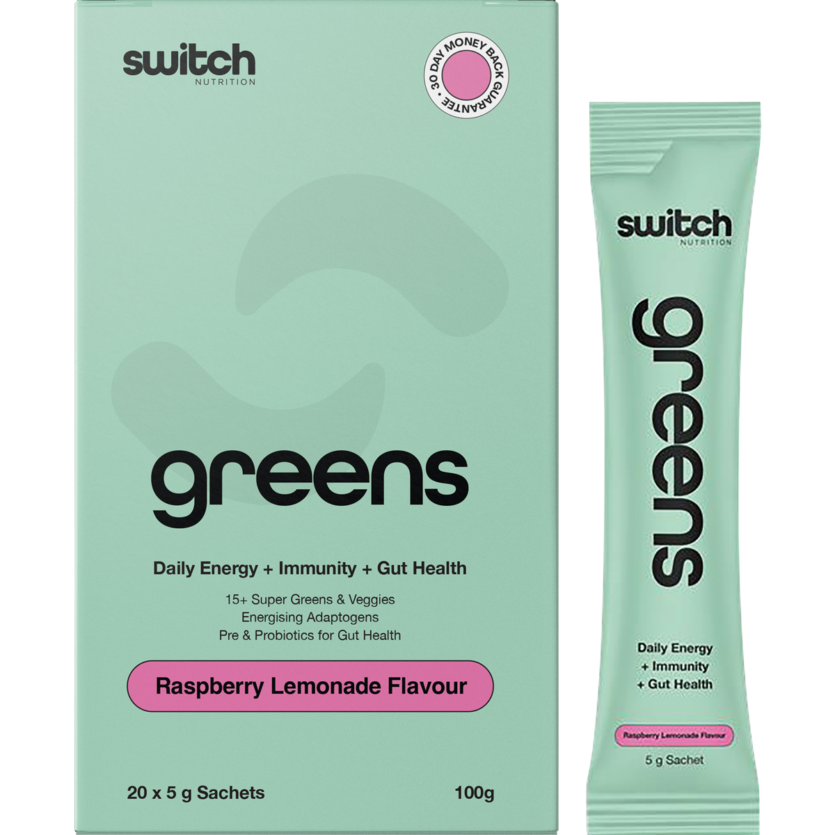 Raspberry Lemonade Switch Nutrition Greens sachet box and individual sachet with 20 x 5g servings.