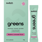Raspberry Lemonade Switch Nutrition Greens sachet box and individual sachet with 20 x 5g servings.