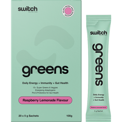 Raspberry Lemonade Switch Nutrition Greens sachet box and individual sachet with 20 x 5g servings.