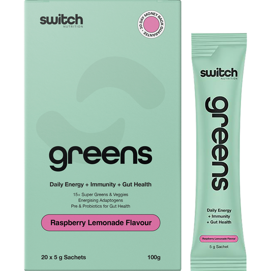 Raspberry Lemonade Switch Nutrition Greens sachet box and individual sachet with 20 x 5g servings.