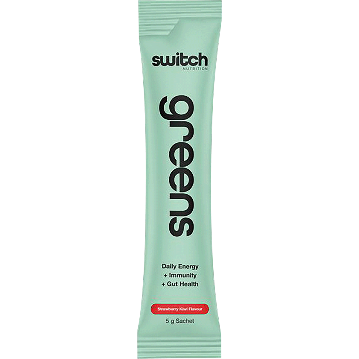 Single Strawberry Kiwi Switch Nutrition Greens sachet on a white background.