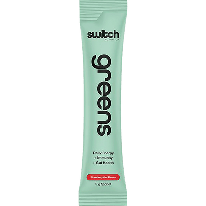Single Strawberry Kiwi Switch Nutrition Greens sachet on a white background.