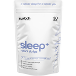 Switch Nutrition Sleep+ Nasal Strips 30 Pack box featuring a blue and purple night sky design with a crescent moon.