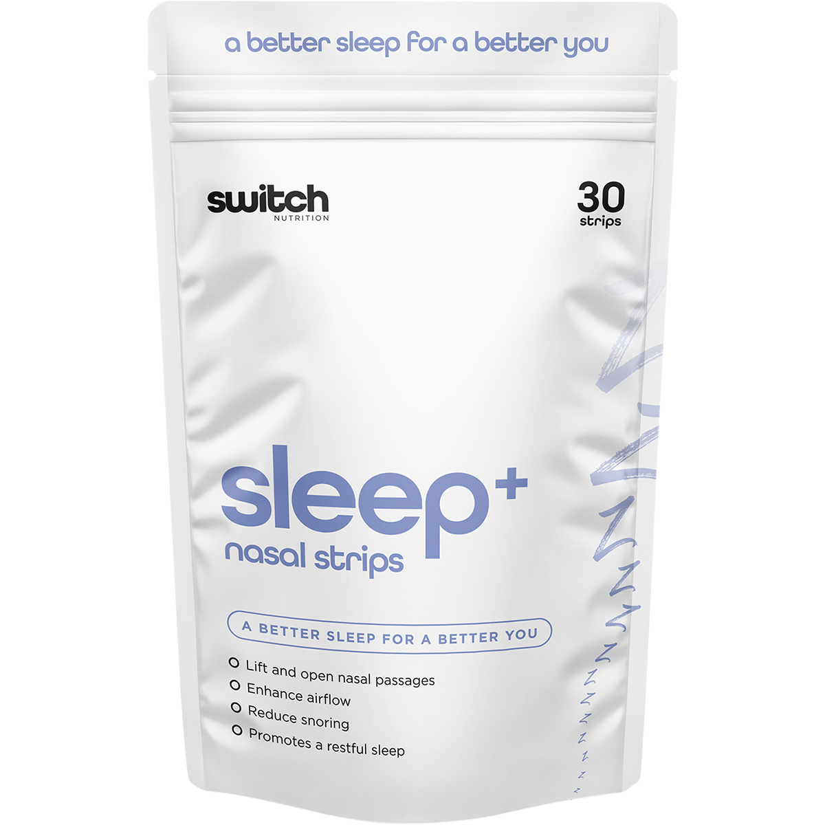 Switch Nutrition Sleep+ Nasal Strips 30 Pack box featuring a blue and purple night sky design with a crescent moon.