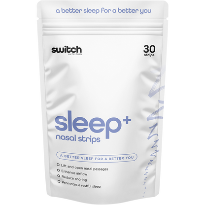 Switch Nutrition Sleep+ Nasal Strips 30 Pack box featuring a blue and purple night sky design with a crescent moon.