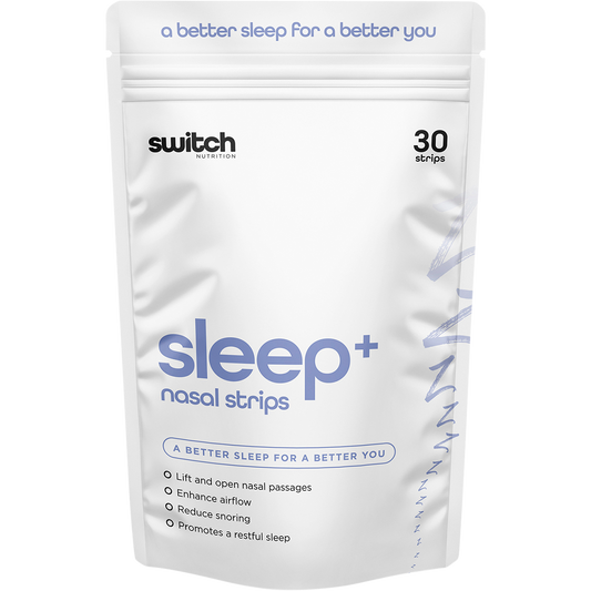 Switch Nutrition Sleep+ Nasal Strips 30 Pack box featuring a blue and purple night sky design with a crescent moon.