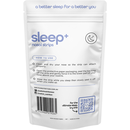 Back of Switch Nutrition Sleep+ Nasal Strips 30 Pack box with directions for use and product benefits.