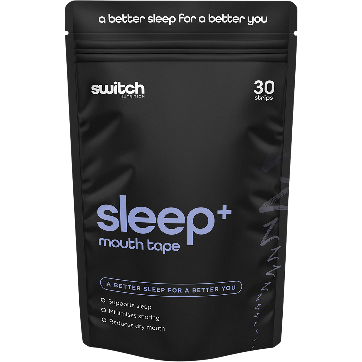 Switch Nutrition Sleep+ Mouth Tape 30 Pack pouch featuring a blue and white design with a moon and star icon.