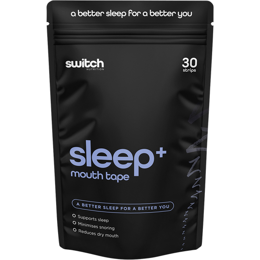 Switch Nutrition Sleep+ Mouth Tape 30 Pack pouch featuring a blue and white design with a moon and star icon.