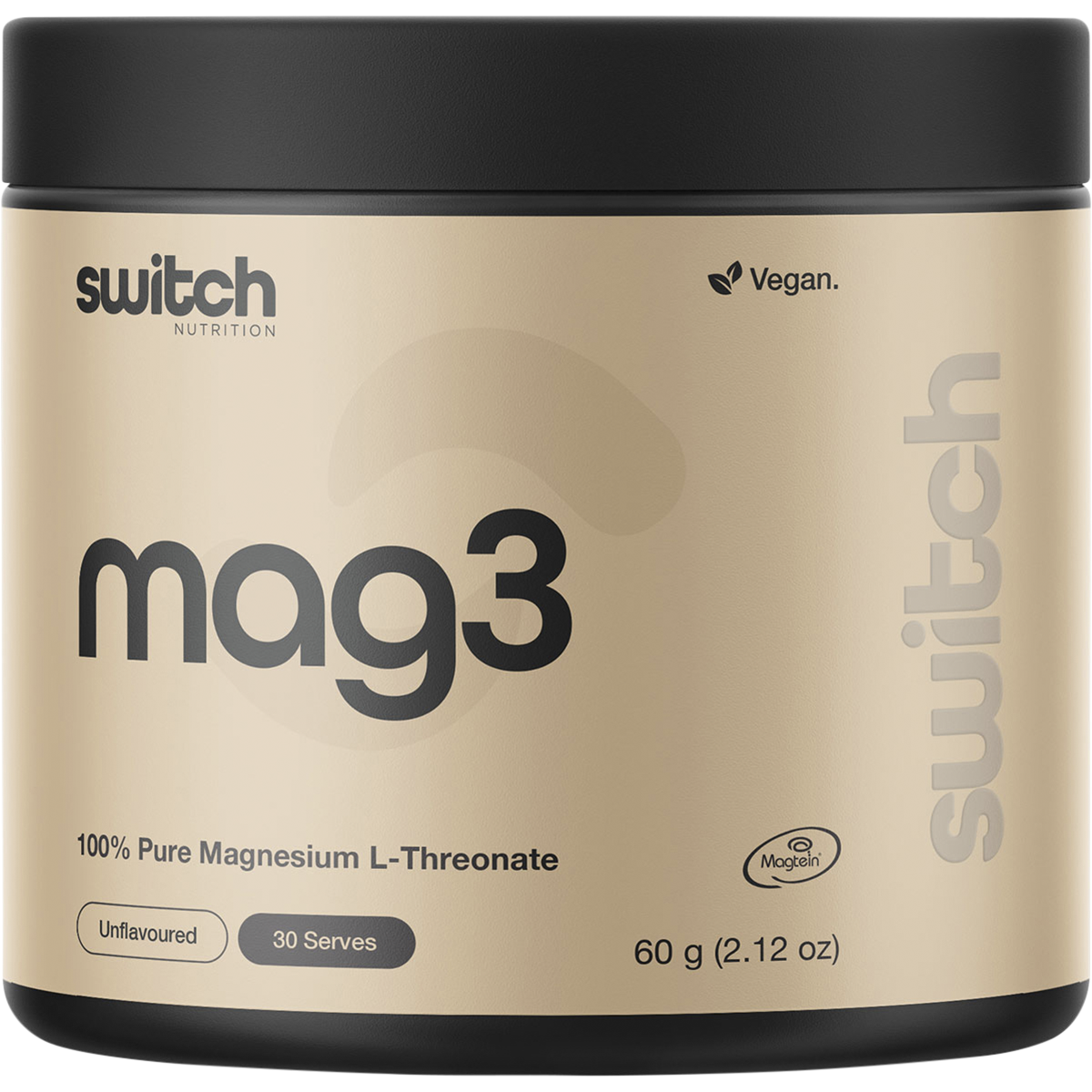 Switch Nutrition Mag3 60g tub of 100% Pure Magnesium L-Threonate powder on a white background.