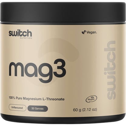 Switch Nutrition Mag3 60g tub of 100% Pure Magnesium L-Threonate powder on a white background.