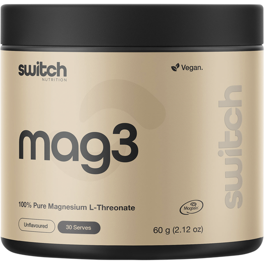 Switch Nutrition Mag3 60g tub of 100% Pure Magnesium L-Threonate powder on a white background.