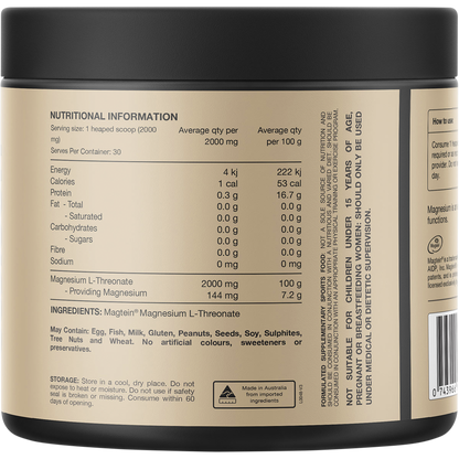 Back label of Switch Nutrition Mag3 60g tub showing nutritional information and directions on a white background.