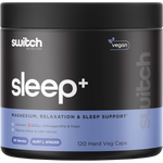 Switch Nutrition Sleep+ Magnesium 120 Capsules tub with a black and blue label on a white background.