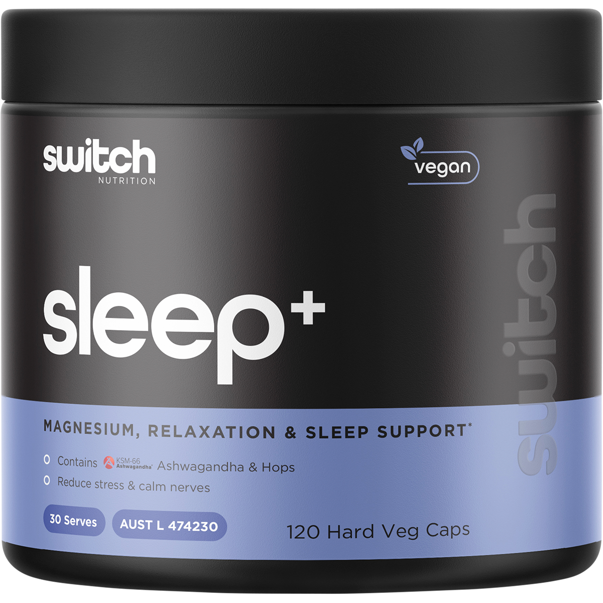 Switch Nutrition Sleep+ Magnesium 120 Capsules tub with a black and blue label on a white background.