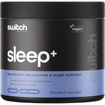 Switch Nutrition Sleep+ Magnesium 120 Capsules tub with a black and blue label on a white background.
