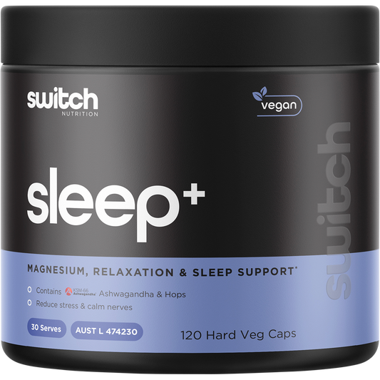 Switch Nutrition Sleep+ Magnesium 120 Capsules tub with a black and blue label on a white background.