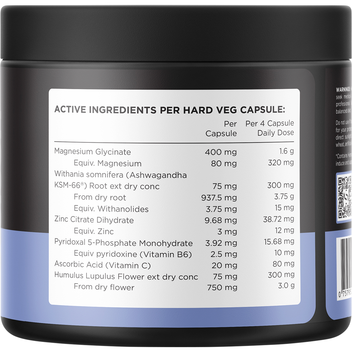 The back of a Switch Nutrition Sleep+ Magnesium 120 Capsules tub showing the directions and nutritional information.