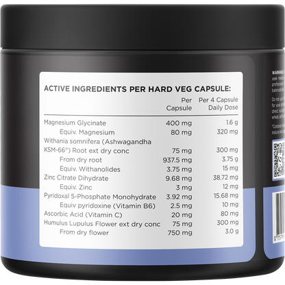 The back of a Switch Nutrition Sleep+ Magnesium 120 Capsules tub showing the directions and nutritional information.