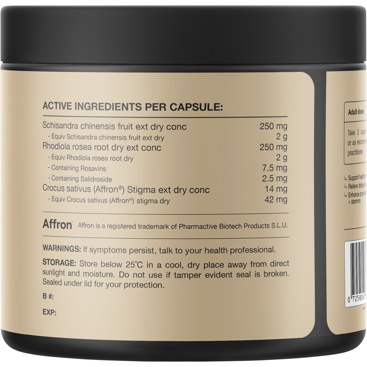 Back of Switch Nutrition Saffron + Rhodiola Stress Relief bottle showing directions and active ingredients.